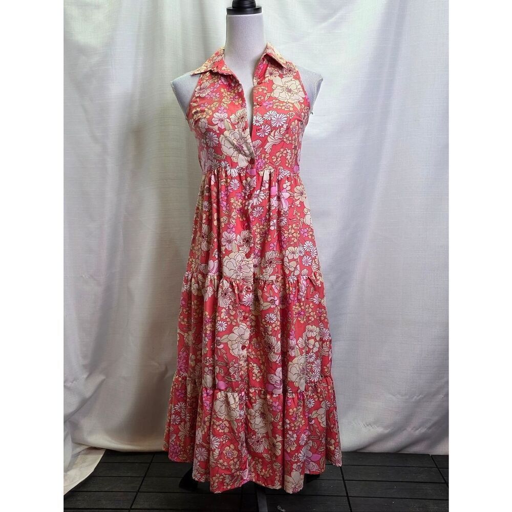 B.O.G. Collective Coral Pink Floral Sleeveless Midi Dress Size XS